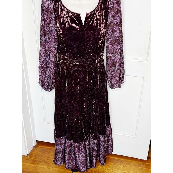 Frye & Co. Tiered Floral Velour Maxi Dress in Classic Wine Size XS - Picture 2 of 5
